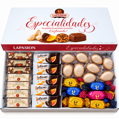 Caja de Especialidades Navideñas LaPasion | 1 kg de Delicias Artesanas Calidad Suprema | Almendras rellenas, Frutas de Aragón, Turrón duro, Turrón chocolate con Almendras y Leticias.