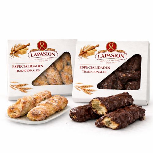 Pack Surtido Rizos de Hojaldre LaPasion | Lazos Jugosos con Azúcar + Chocolate Bombón | 2 x 550g (25 uds aprox.)