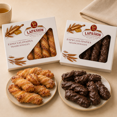 Pack Surtido Rizos de Hojaldre LaPasion | Lazos Jugosos con Azúcar + Chocolate Bombón | 2 x 550g (25 uds aprox.)
