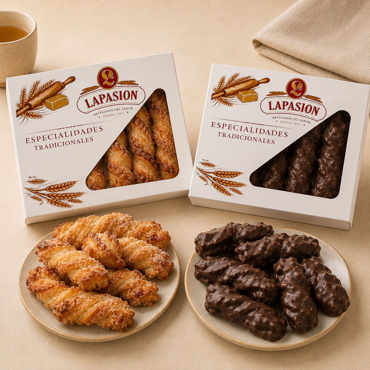 Pack Surtido Rizos de Hojaldre LaPasion | Lazos Jugosos con Azúcar + Chocolate Bombón | 2 x 550g (25 uds aprox.)