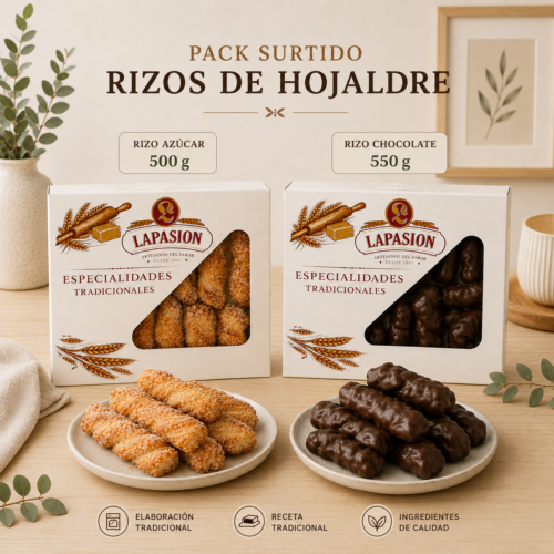 Pack Surtido Rizos de Hojaldre LaPasion | Lazos Jugosos con Azúcar + Chocolate Bombón | 2 x 550g (25 uds aprox.)