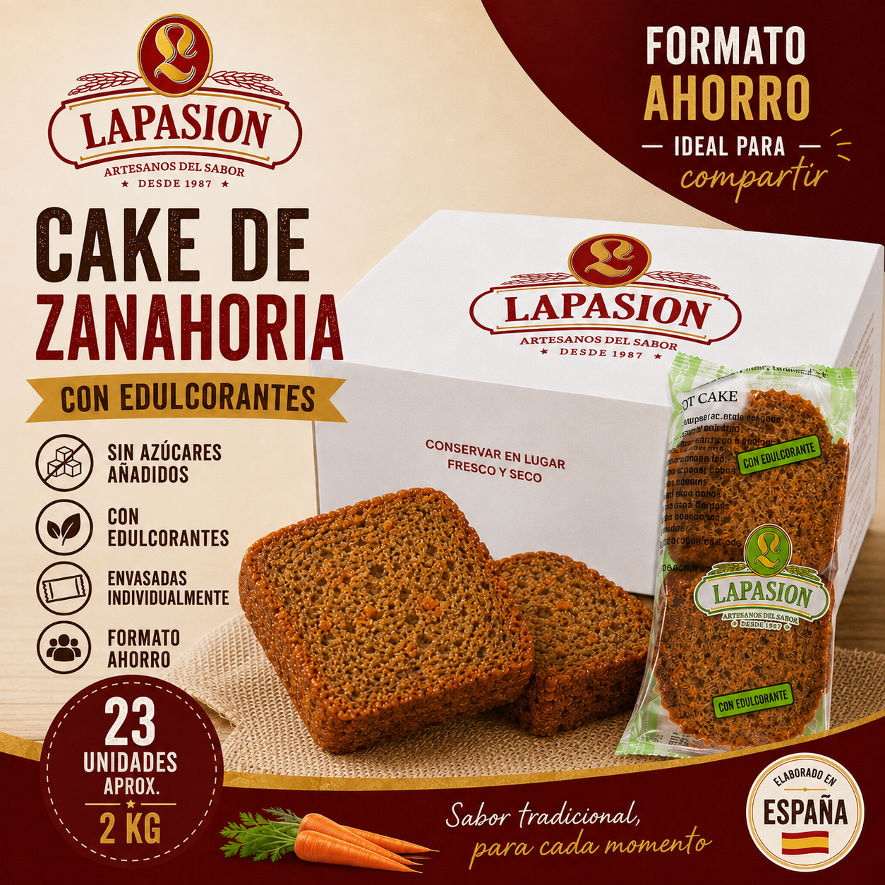 Cake de Zanahoria LaPasion 80 g – Sin Azúcares Añadidos | 2 kg | 23 ud arpox. - Imagen 2