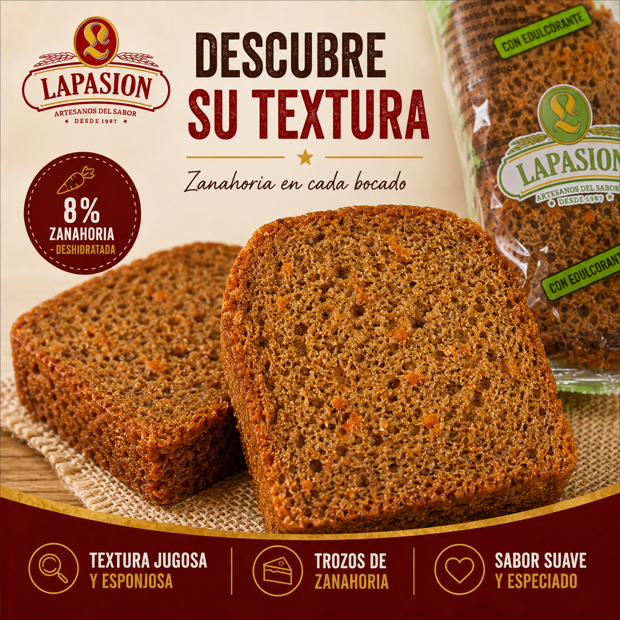 Cake de Zanahoria LaPasion 80 g – Sin Azúcares Añadidos | 2 kg | 23 ud arpox. - Imagen 4