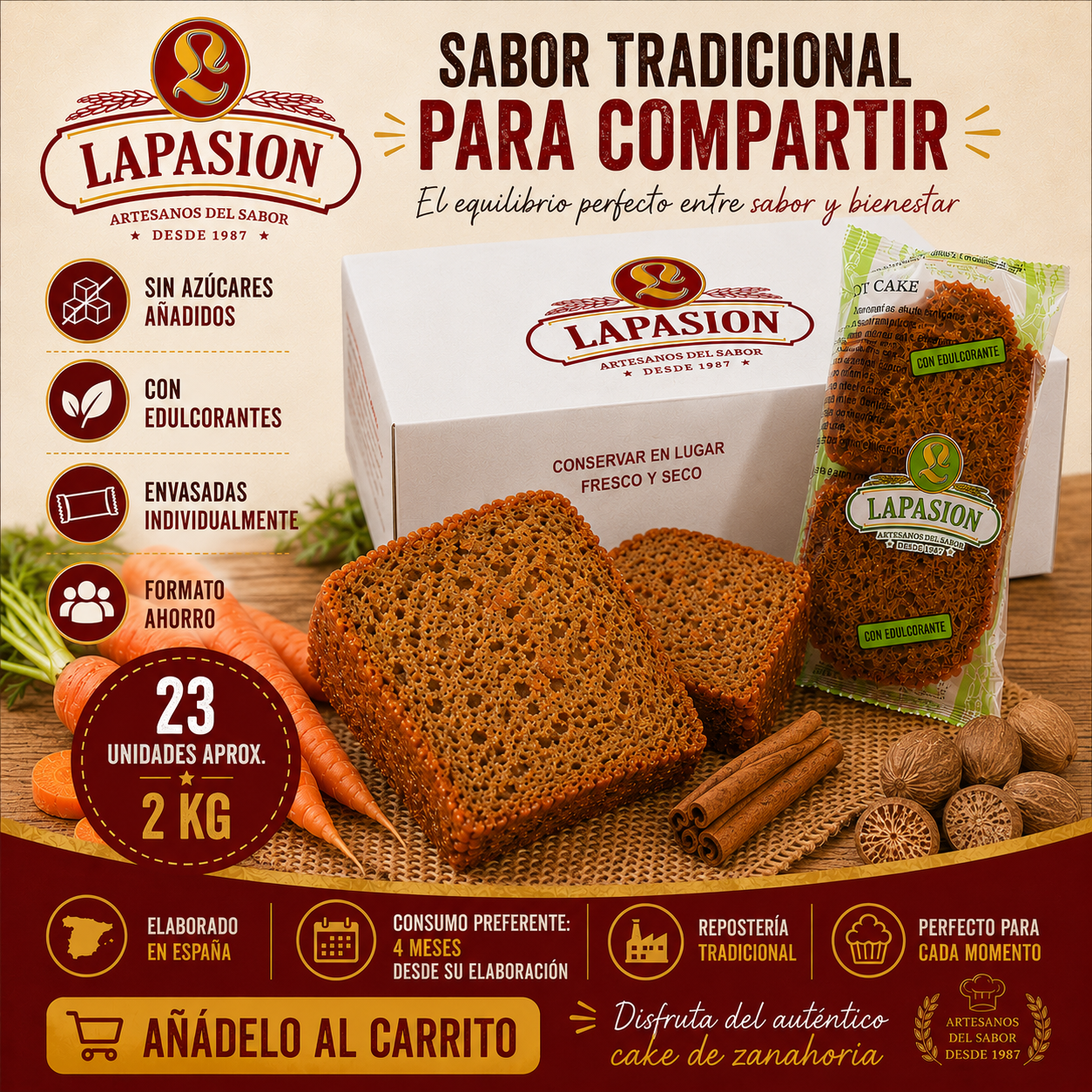 Cake de Zanahoria LaPasion 80 g – Sin Azúcares Añadidos | 2 kg | 23 ud arpox. - Imagen 9