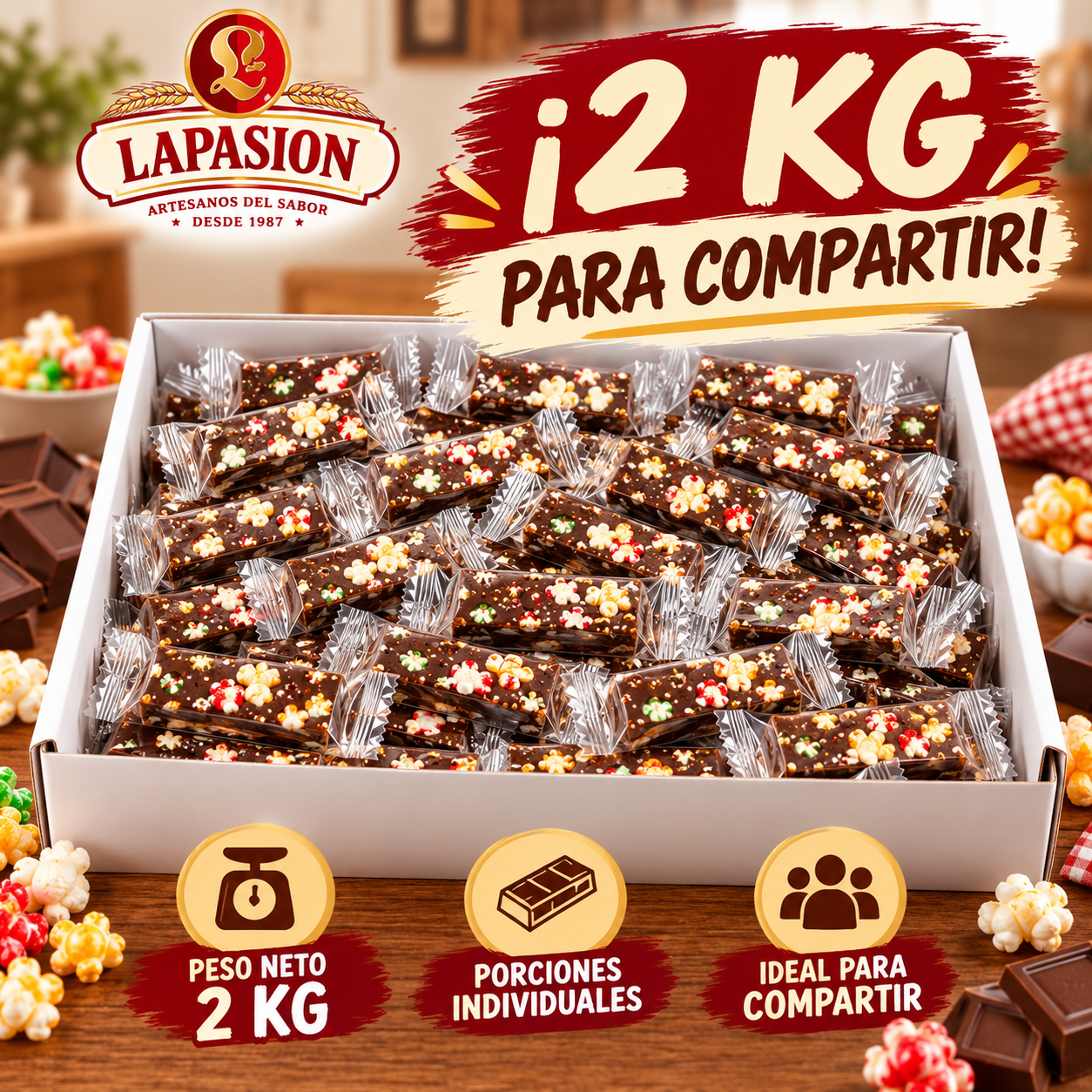 Porciones de Turrón Chocolate con Palomitas de Colores - Imagen 3